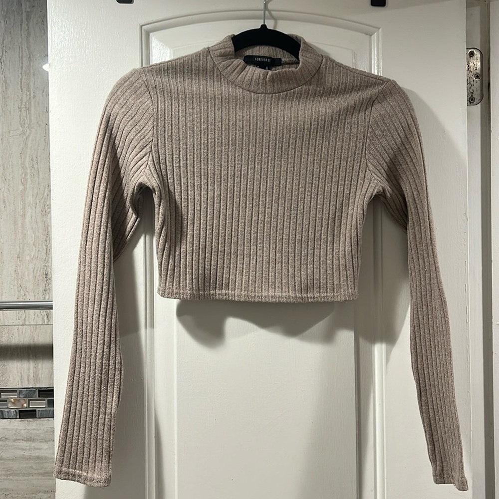 Tan Forever 21 mock neck cropped sweater
